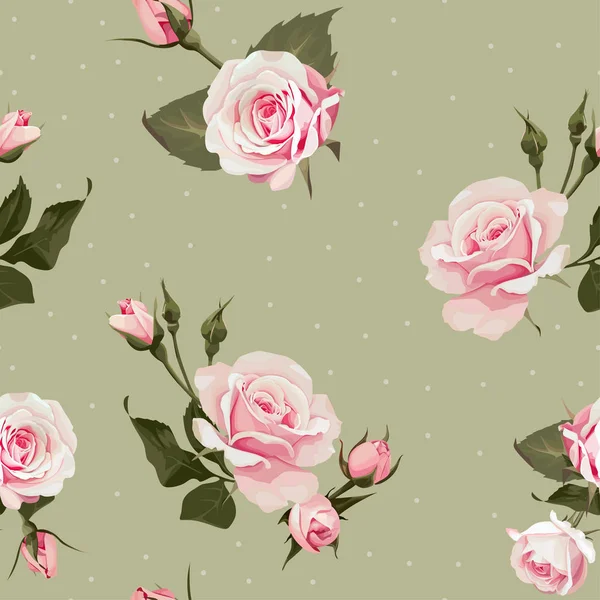 Patrón sin costura floral vectorial con flores de color rosa sobre fondo de lunares oliva — Vector de stock