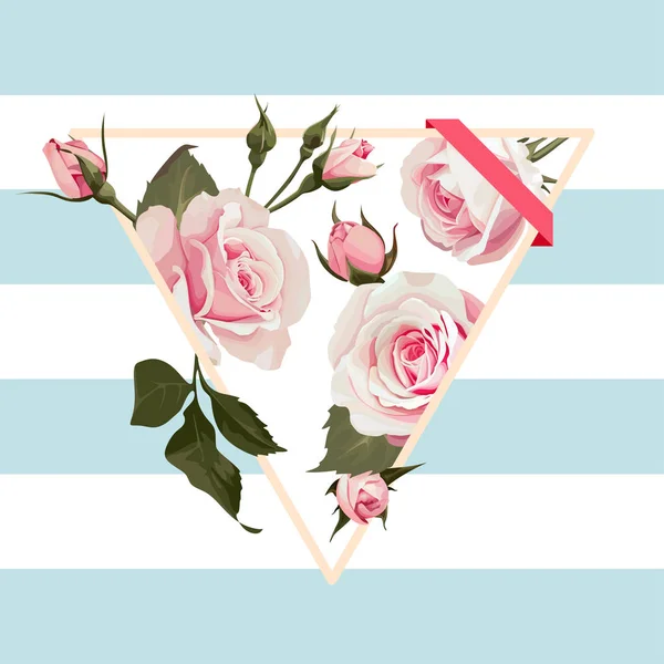 Moldura em forma de triângulo floral vetorial com rosas rosa sobre fundo listrado azul — Vetor de Stock