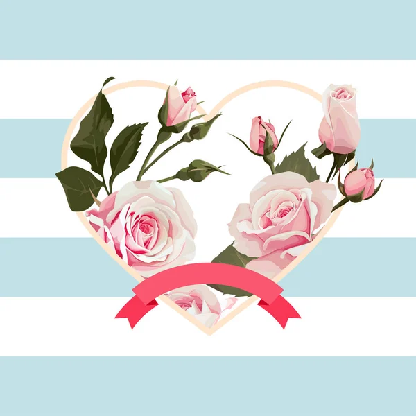 Vector floral heart shape frame with pink roses on blue striped background — Stock Vector