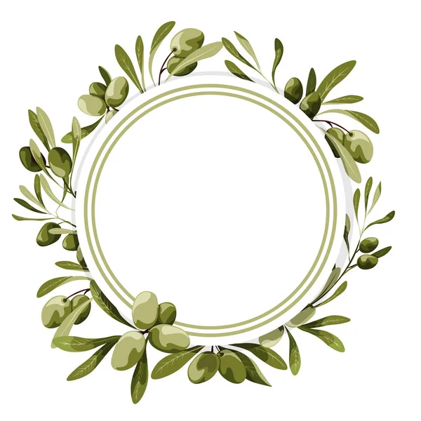 Etiqueta de círculo vectorial con decoración de olivo. Ilustración de alimentos veganos — Archivo Imágenes Vectoriales