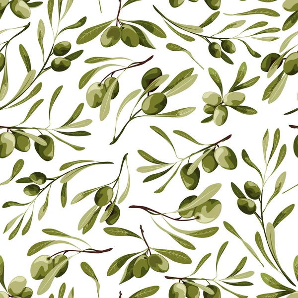 Patrón sin costura vectorial con olivo sobre un fondo blanco con planta y hojas — Vector de stock