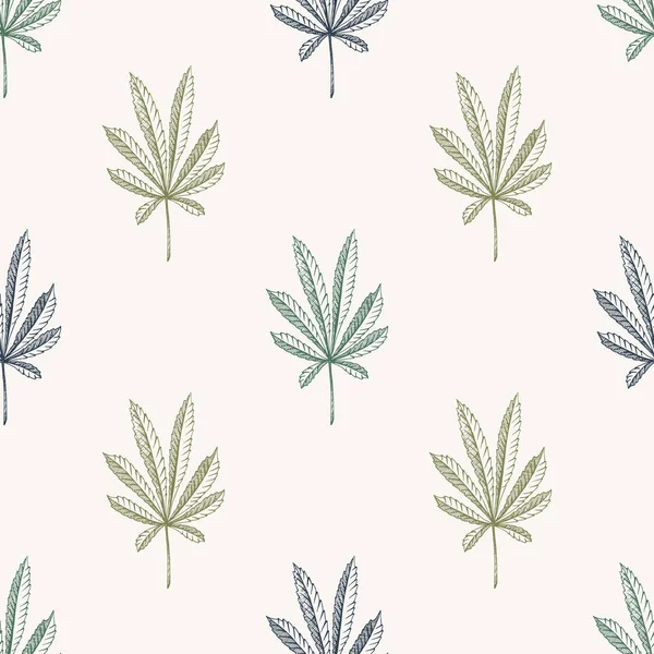 Vector simple patrón inconsútil de la planta de cáñamo en una textura de cannabis de fondo beige — Vector de stock