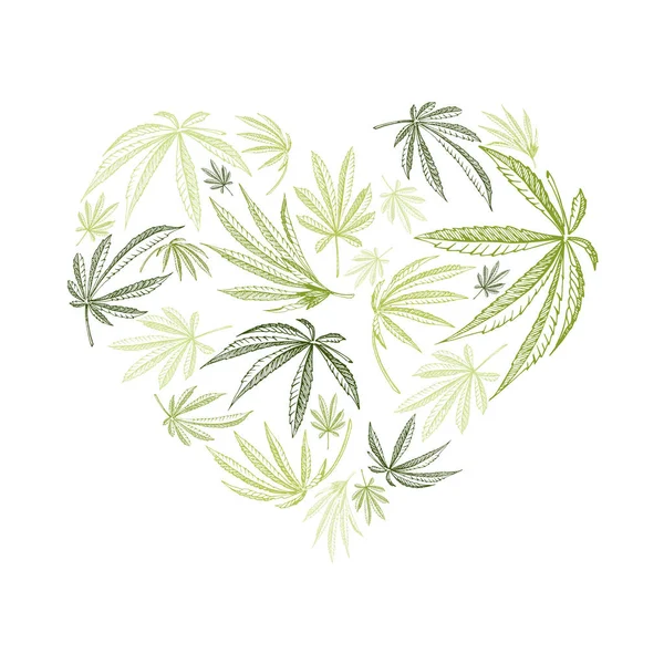 Forma de corazón vectorial de planta de cáñamo y hojas de cannabis para el día de San Valentín — Vector de stock