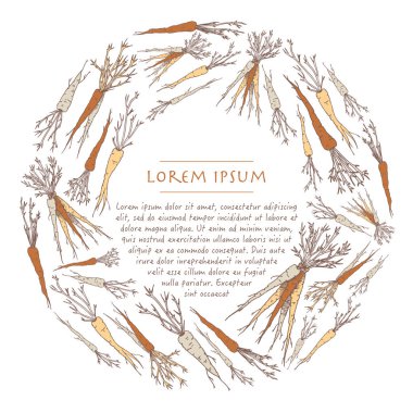 Sebze havuç ile Vintage arka plan şablonu. Daire çelenk, sosyal medya için kare yazı