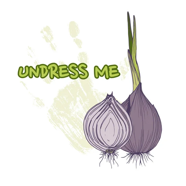 Vektor-Grußkarte mit Zwiebeln und Phrase entkleiden mich lustigen Hintergrund mit Gemüse — Stockvektor