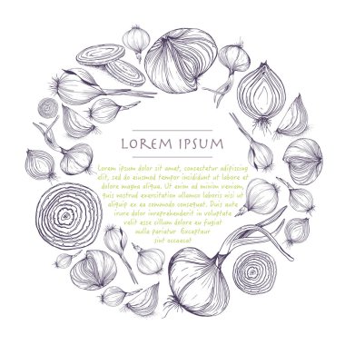 Sosyal medya ve tebrik kartları için mor soğan daire şablonuyla vektör sebze çelenk