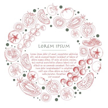 Vektör sebze çelenk ile anahat domates daire şablon sosyal medya ve tebrik kartları