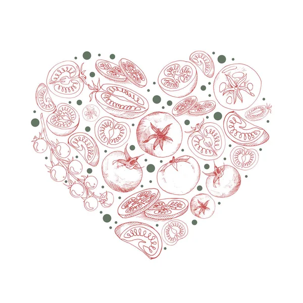 Illustrazione vettoriale della forma del cuore con pomodori per biglietto di auguri o sfondo e modello di social media — Vettoriale Stock
