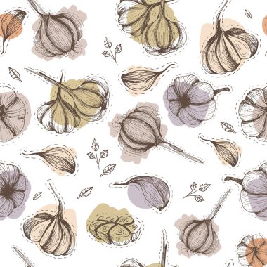 Vektör Dikişsiz desen sarımsak ve soğan ile el beyaz arka plan üzerinde çizilmiş gıda illüstrasyon