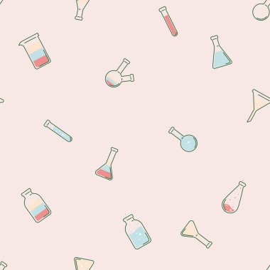 Pembe arka plan üzerinde laboratuvar test tüpleri ve şişelerinin vektör kimyasal dikişsiz deseni