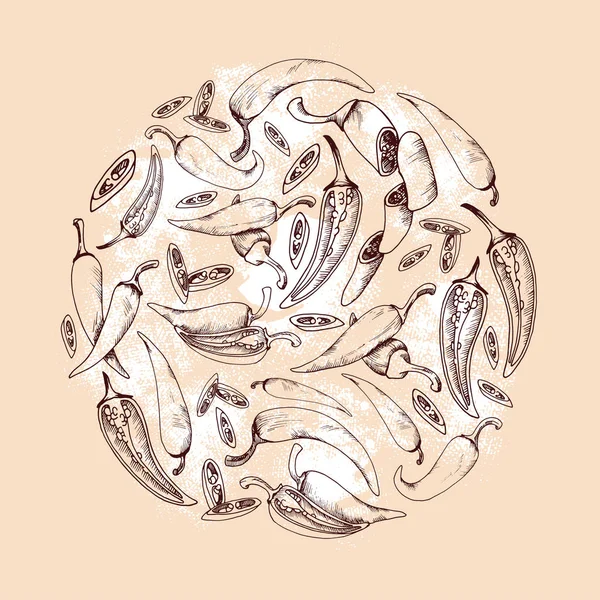 Círculo vectorial con boceto chile vegetal mano dibujado círculo fondo con comida — Vector de stock