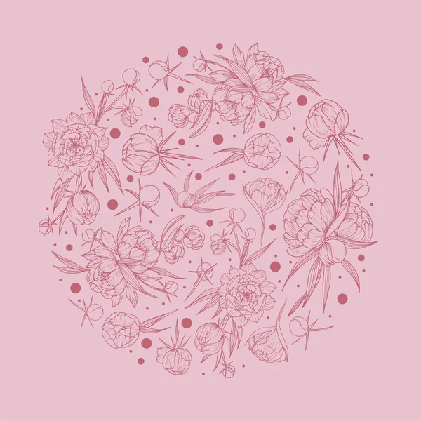 Vector círculo rosa con peonía flor dibujado a mano círculo fondo con planta — Vector de stock
