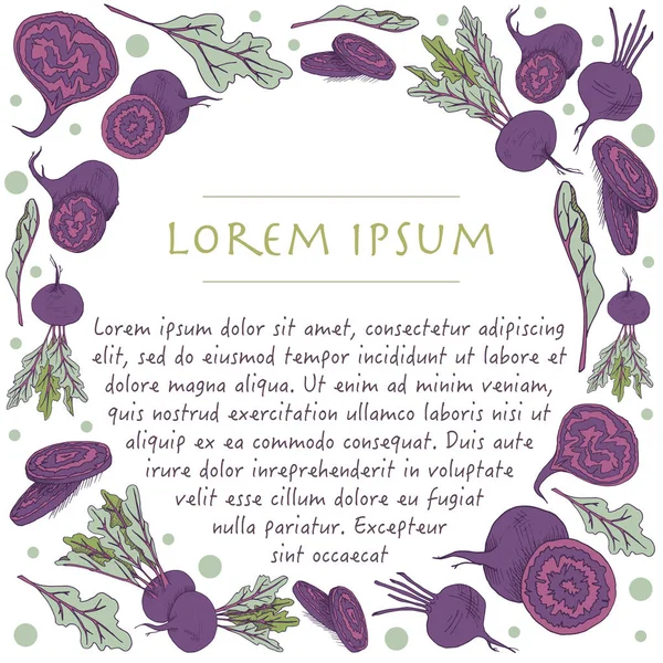 Gıda ile sebze daire çerçeve ile pancar kökü el çizilmiş arka plan ile Vektör şablonu