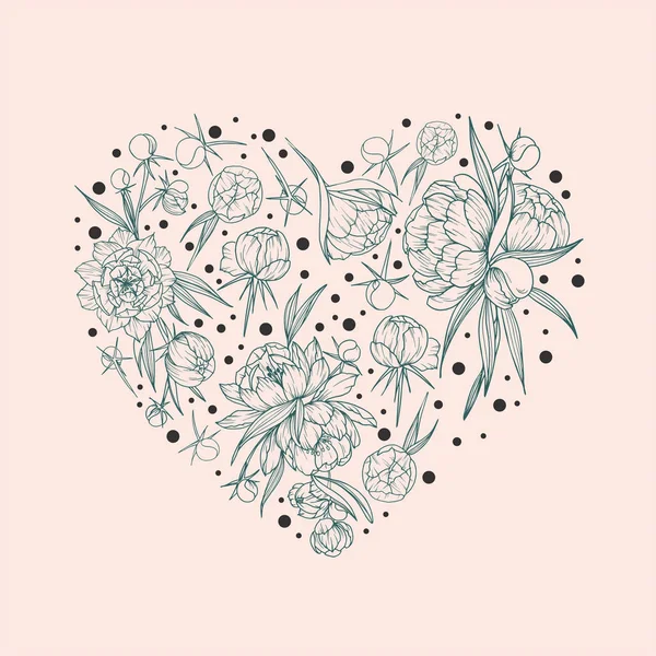 Vetor monocromático floral fundo com peônias ilustração Mão desenhado coração forma flor imagem —  Vetores de Stock