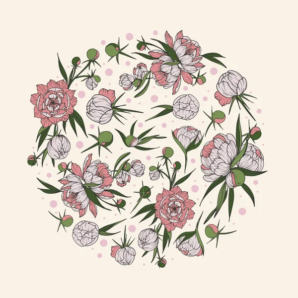 Bitki ile şakayık çiçek el çizilmiş daire arka plan ile Vektör renkli daire