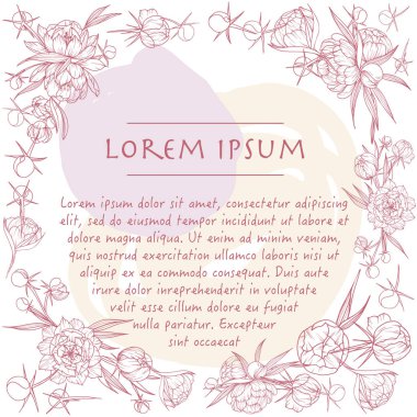 Bitki ve fırça darbeleri ile şakayık çiçekler el çizilmiş arka plan daire çerçeve ile Vektör şablonu