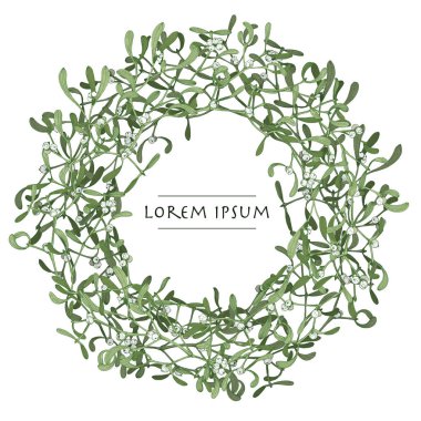 Vektör beyaz arka plan üzerinde ökseotu bitki ile noel çelenk izole. Tebrik kartları için daire çerçeve görüntüsü 