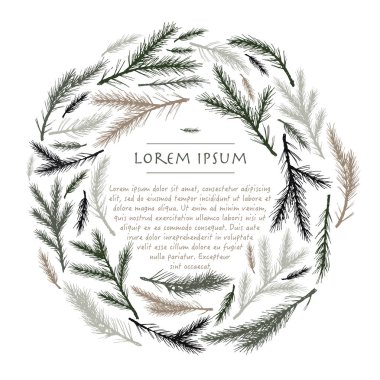 Tebrik kartları için ağaç ile softwood el çizilmiş daire arka plan ile Vektör noel çelenk