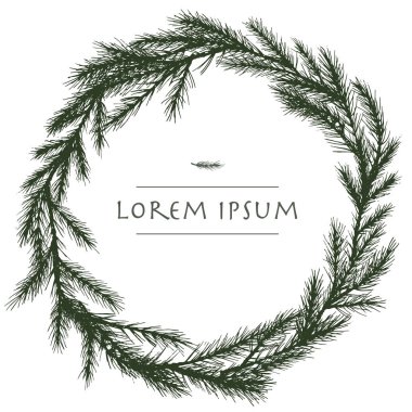 Tebrik kartları için ağaç ile köknar el çizilmiş daire arka plan ile Vektör noel çelenk