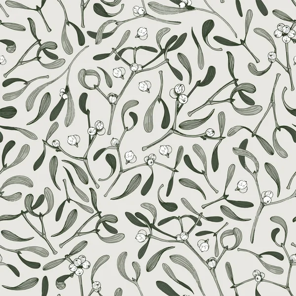 Patrón sin costuras de Navidad con ilustraciones botánicas de plantas de muérdago sobre fondo gris — Vector de stock