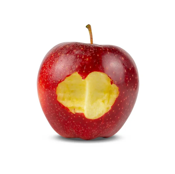 Fruta Maçã Madura Vermelha Fresca Com Mordida Ausente Isolada Fundo — Fotografia de Stock