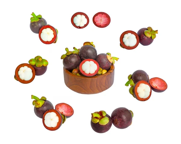 Коллекция Сладких Фиолетовых Фруктов Mangosteens Коричневой Деревянной Миске Группа Круглых — стоковое фото