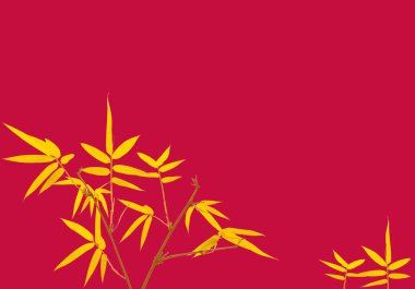 Altın yaprak dalları Bambu kırmızı zemin üzerinde izole edilmiş kopyalama alanı, Çin tarzı kart ve selamlama grafiği