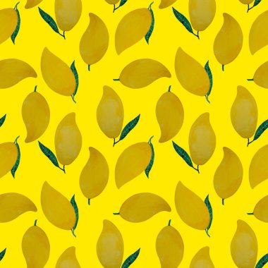 Sarı olgun mango meyveleri ve yeşil yaprak çizimi kusursuz tekrar deseni, suluboya el çizimi moda tasarımı, duvar kağıdı ve kumaş tekstil için sarı zemin