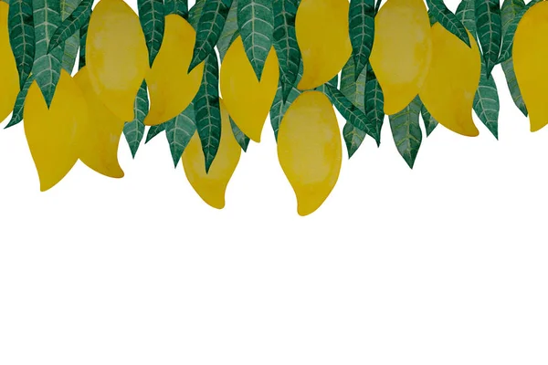黄熟芒果和绿叶说明无缝重复图案 水彩画隔离模切和剪裁路径白色背景壁纸和织物织物印花 — 图库照片