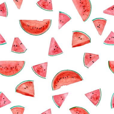 Karpuz meyvesi pürüzsüz desenli dilimlenmiş, suluboya el boyası çizimi beyaz zemin üzerinde izole edilmiş, kırpma yolu ile izole edilmiş, kumaş tekstil elementi