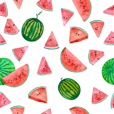 Karpuz meyvesi pürüzsüz desenli dilimlenmiş, kırmızı ve yeşil kavun resmedilmiş, kırpma yolu ile izole edilmiş, kumaş tekstil elementi.