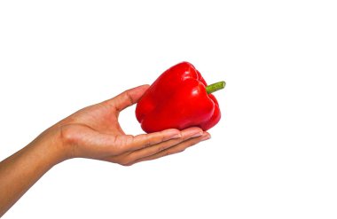 Taze kırmızı biber ya da dolmalık biber tenli bir kadın eli, izole edilmiş ve kesme yolu beyaz arka planda olan.