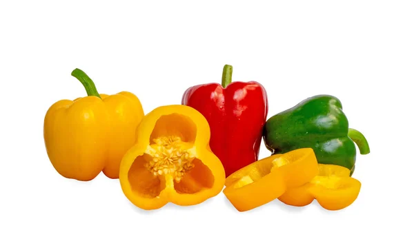 Grupa Surowych Owoców Świeże Żółte Czerwone Zielone Słodkie Chili Pokrojone — Zdjęcie stockowe