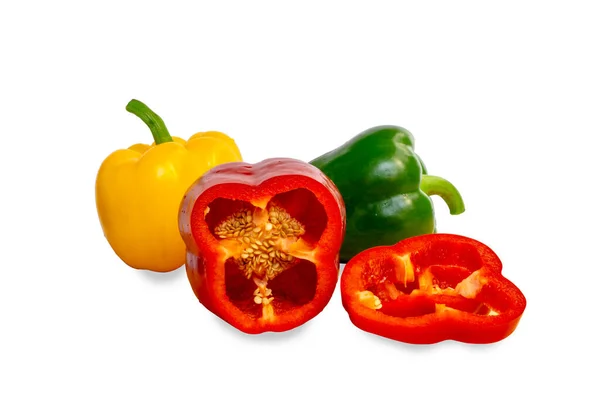 Grupa Surowych Owoców Świeże Żółte Czerwone Zielone Słodkie Chili Pokrojone — Zdjęcie stockowe