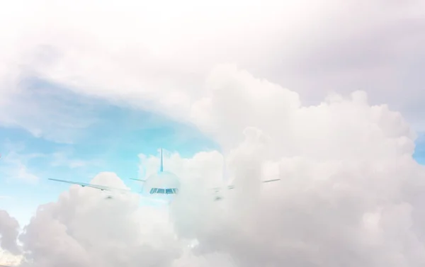 Plane Traveling Beautiful White Fluffy Clouds Vivid Bright Blue Pastel — Stock Photo, Image