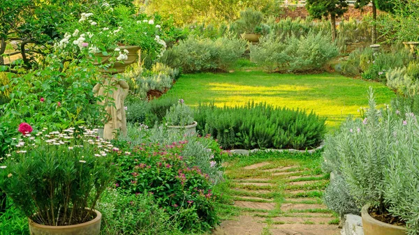 English cottage garden on green grass lawn backyard, infomal landscape decorate with roses, rosemary herb, lavender, flower pots, flowering plant,  greenery trees and sculpture in charming edible gardens and good mainternance landscaping