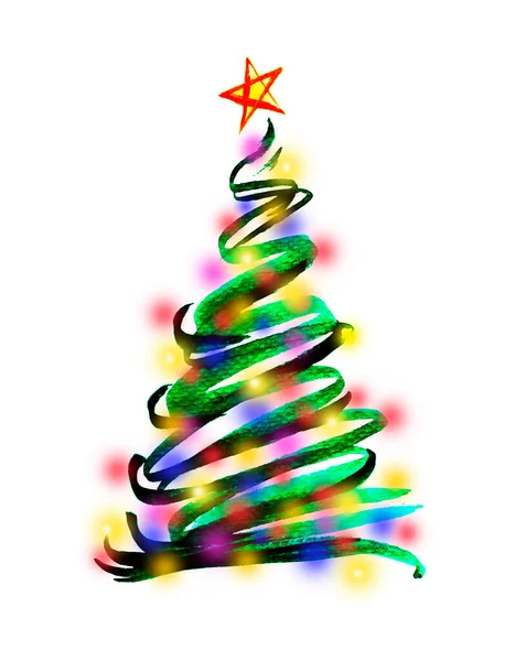 Aquarel Hand Schilderen Illustratie Van Kerstboom Versierd Met Kleurrijke Verlichting — Stockfoto