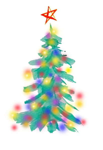 Ilustración Pintura Mano Acuarela Del Árbol Navidad Decorado Con Iluminación — Foto de Stock