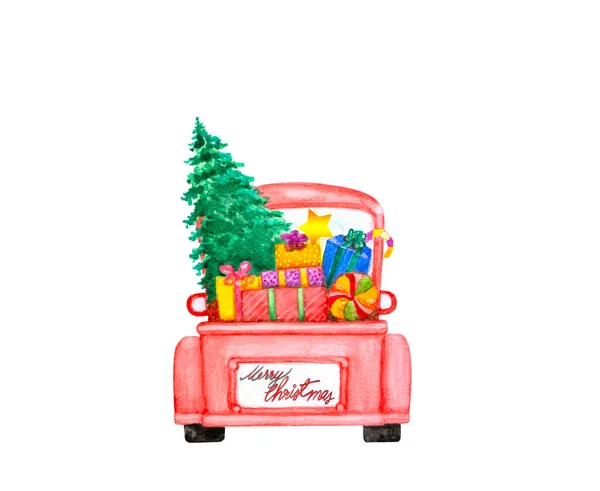 水彩画背景红色复古皮卡 装有彩礼盒 棒棒糖 绿油油的圣诞树 黄星和背面的圣诞快乐信 明信片的概念和新年庆祝 — 图库照片