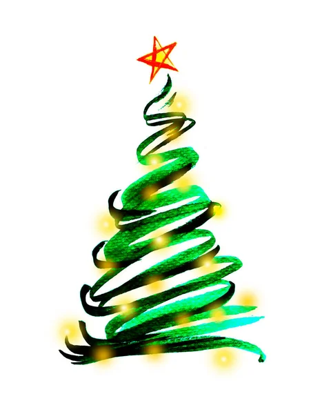 Aquarel Hand Schilderen Illustratie Van Kerstboom Versierd Met Gele Verlichting — Stockfoto