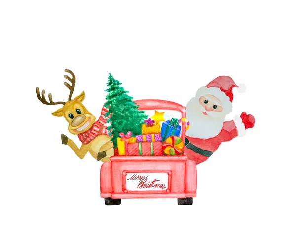 Noel Baba 'nın suluboya resmi, kırmızı retro kamyonet üzerindeki geyik hediye kutuları, lolipop, yeşil çam ağacı, arkasında sarı yıldız ve mutlu noel mektupları, kartpostal konsepti ve yeni yıl kutlaması.