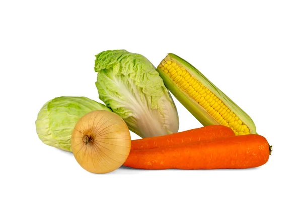 Куча Овощей Изолированных Белой Обрезки Пути Включают Морковь Лук Кукуруза — стоковое фото