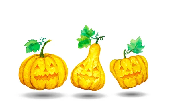 Orangefarbene Farbe Halloween Kürbis Lächelndes Gesicht Und Grüne Blätter Aquarellmalerei — Stockfoto
