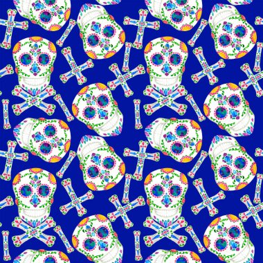 Kuyumcu başlıklı kafatası kusursuz tekrarlama kalıbı, mavi arkaplanda suluboya resim, kumaş baskı elementi 