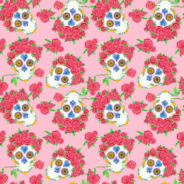 Kırmızı güllü kafatası, dikişsiz tekrar deseni, pembe arka planda suluboya resmi, kumaş baskı elementi 