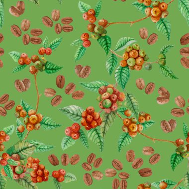 Kırmızı olgun kahve dalları, yeşil yaprak ve kaş kahve tohumu çizimleri, yeşil arka planda suluboya el çizimleri, moda kumaşı tekstil elementleri veya duvar kağıdı baskısı