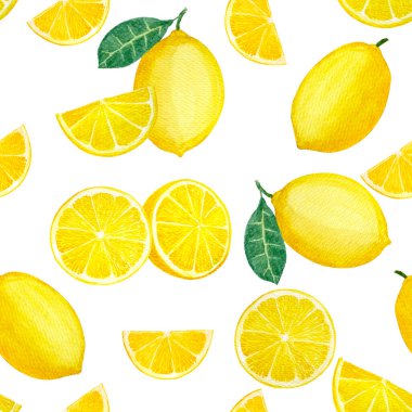 Sarı limon meyvesi, dilimlenmiş kireç ve yeşil yapraklar, çizim suluboya pürüzsüz desen, kırpma yolu ile beyaza izole edilmiş