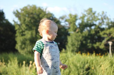 Yakışıklı bir çocuk açık yeşil çimenlerin üzerinde buhes arka plan ile oturuyor