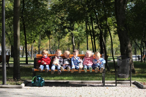 Sechs Babys Sitzen Urbanen Grünen Naturpark Auf Der Bank Zwischen — Stockfoto