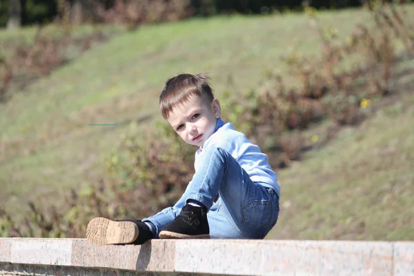Kleine Jongen Portret Het Park Kind Zit Poseren — Stockfoto